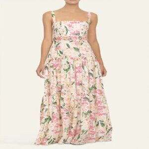 Agua By Agua Bendita Lima Embroidered Pink Floral Print Linen Maxi Dress
